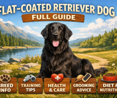 Adult Flat-Coated Retriever standing on grass, showing shiny black coat and athletic build