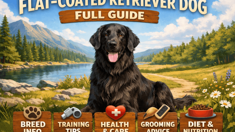 Adult Flat-Coated Retriever standing on grass, showing shiny black coat and athletic build