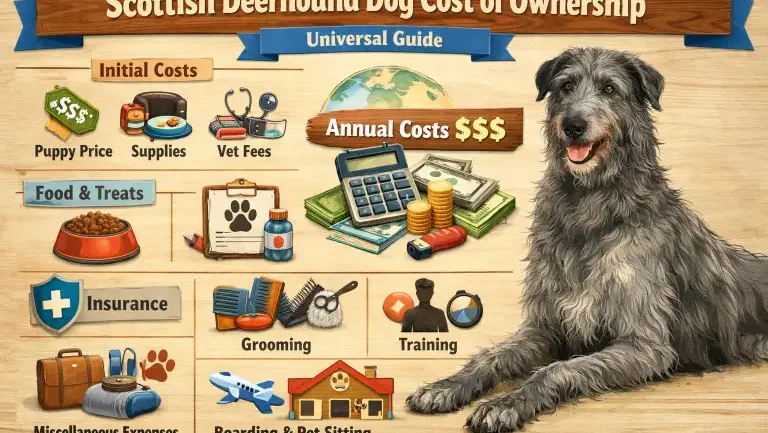 Scottish Deerhound resting indoors, representing space, feeding, and veterinary costs