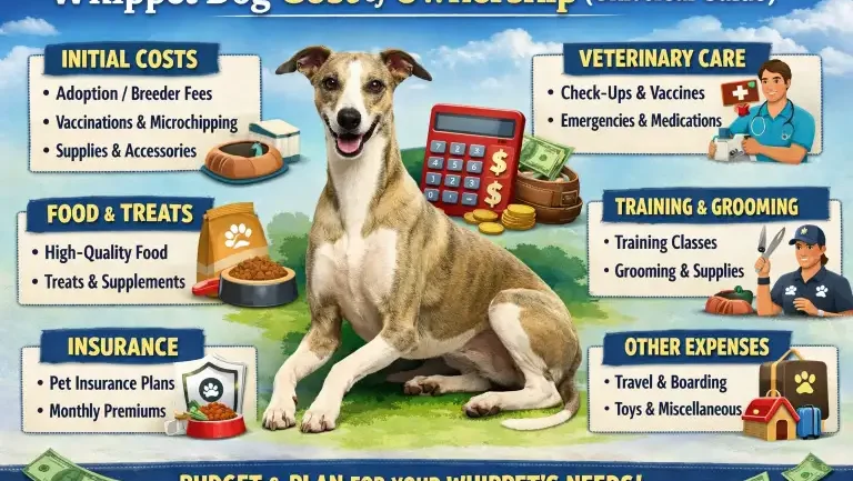 Whippet dog resting indoors in a home environment, representing everyday ownership expenses