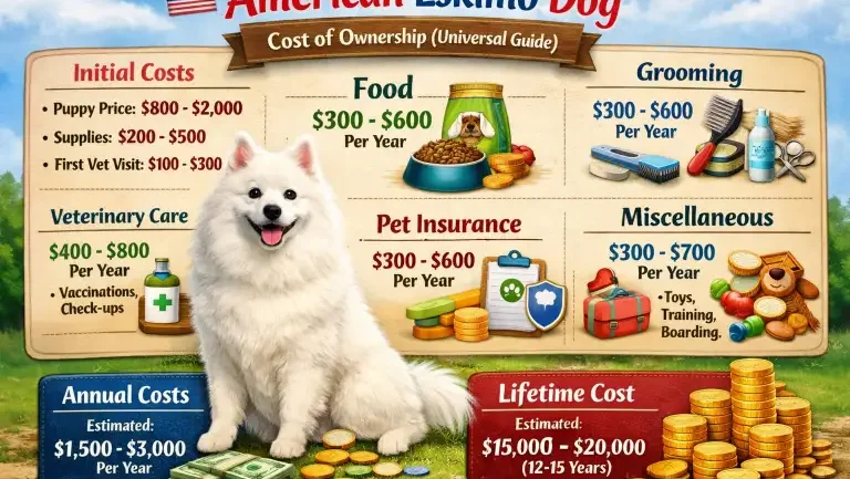 American Eskimo dog relaxing indoors, representing grooming, feeding, and care costs