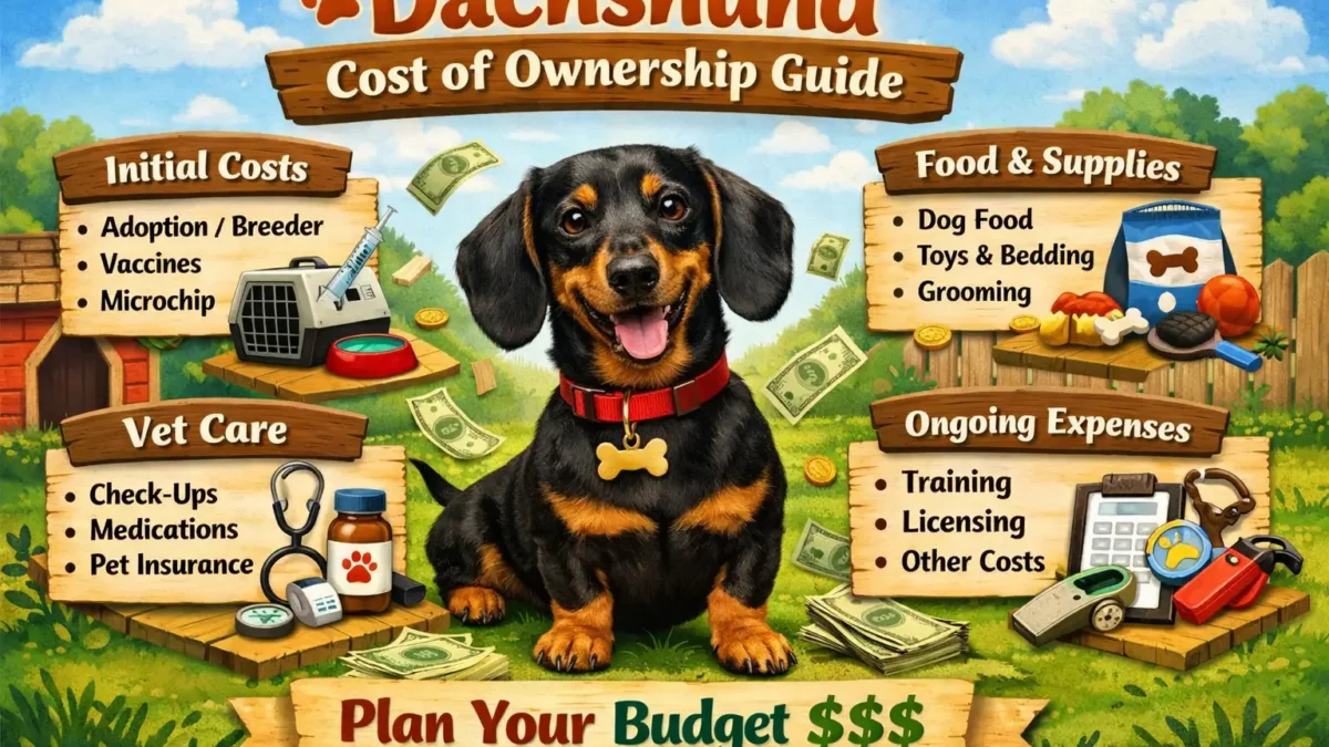 Dachshund cost of ownership shown through a small long-bodied dog standing indoors with basic supplies like a bed, food bowl, and leash, representing monthly and lifetime care costs.