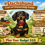 Dachshund standing beside food bowl, leash, bed, and care supplies representing monthly, annual, and lifetime ownership costs