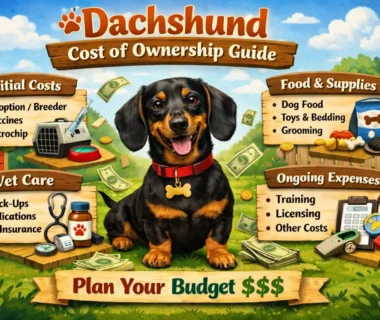 Dachshund cost of ownership shown through a small long-bodied dog standing indoors with basic supplies like a bed, food bowl, and leash, representing monthly and lifetime care costs.