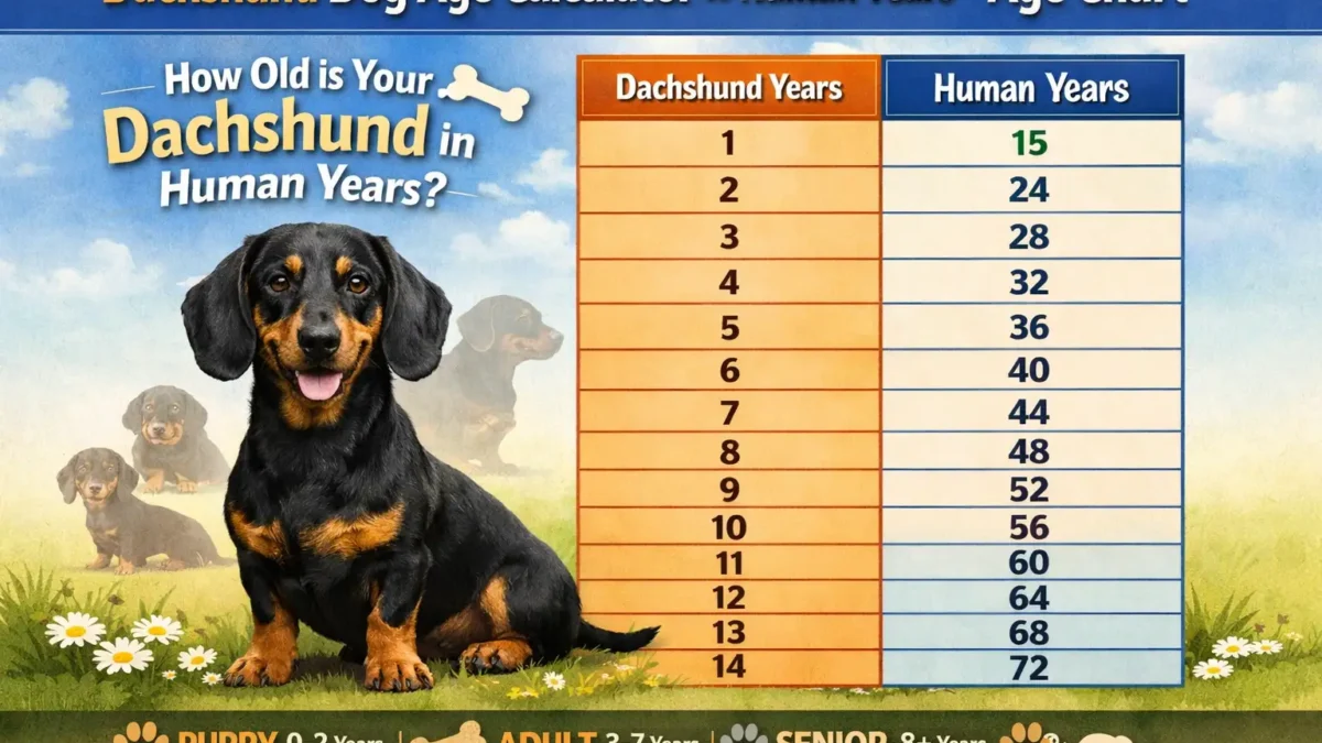 dachshund age calculator to human years showing a dachshund at different life stages with an age chart