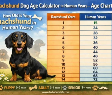 dachshund age calculator to human years showing a dachshund at different life stages with an age chart