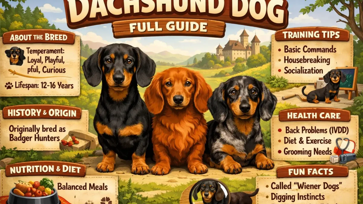 Adult Dachshund dog breed standing outdoors, showing long body, short legs, and alert expression