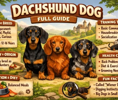 Adult Dachshund dog breed standing outdoors, showing long body, short legs, and alert expression