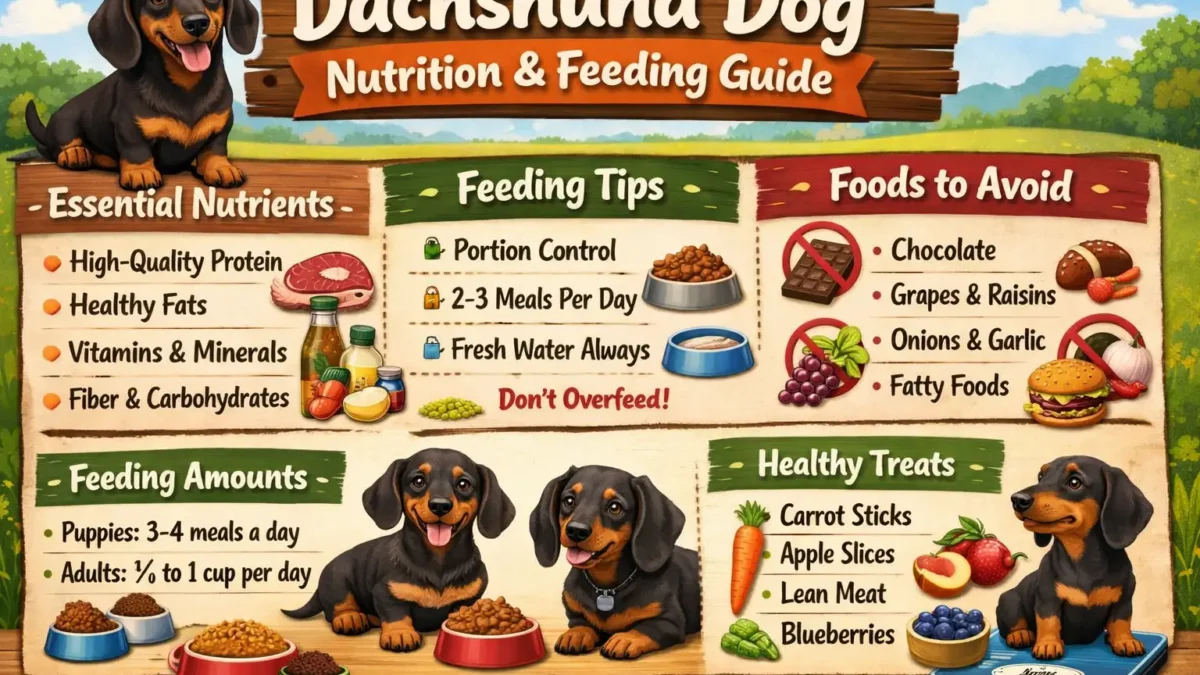 Dachshund dog nutrition shown with a healthy adult Dachshund eating a measured meal from a bowl