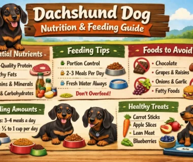 Dachshund dog nutrition shown with a healthy adult Dachshund eating a measured meal from a bowl