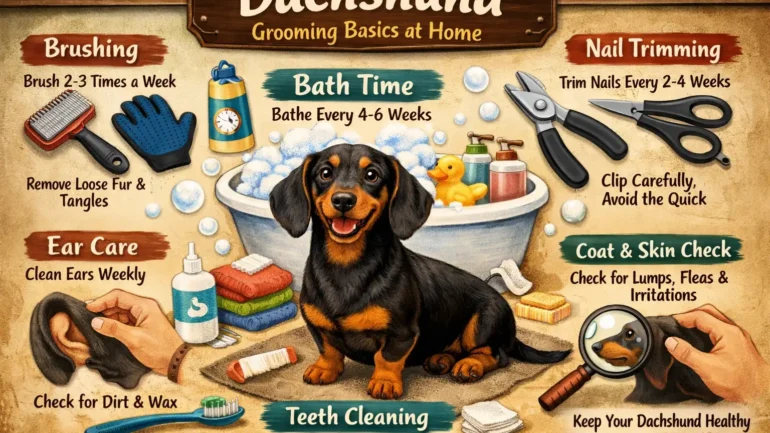 Dachshund grooming at home with gentle brushing and basic coat care routine
