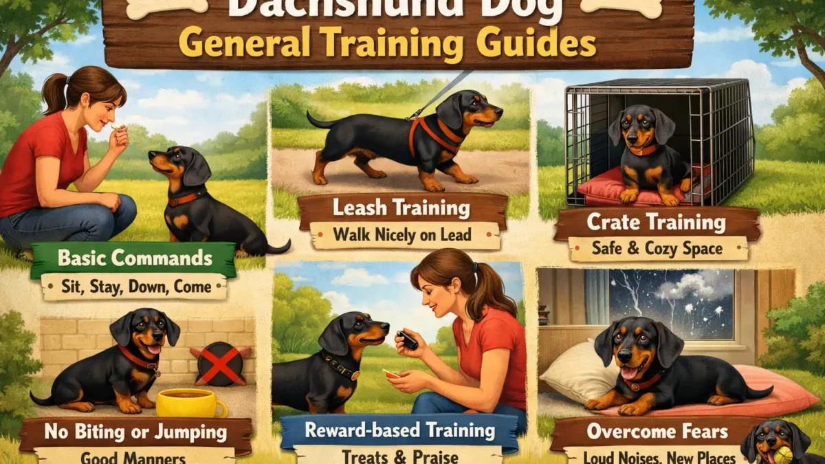 Dachshund training session with an owner teaching basic obedience using treats indoors
