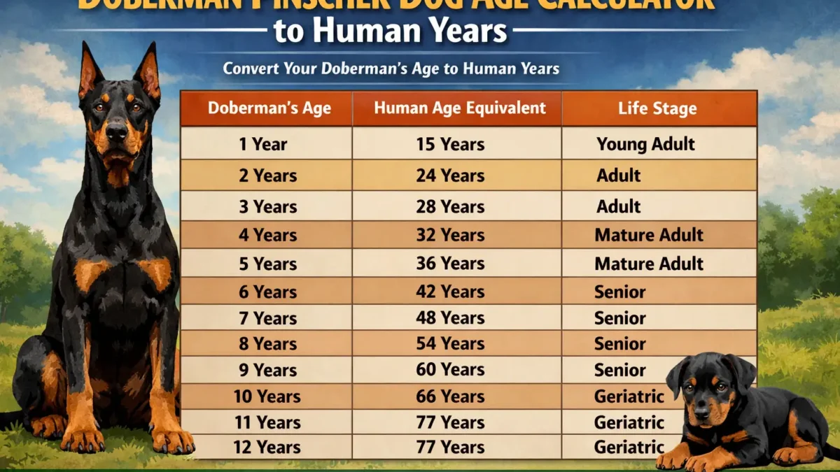 Doberman Pinscher age chart showing human age equivalents for puppies, adults, and senior dogs.