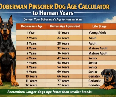 Doberman Pinscher age chart showing human age equivalents for puppies, adults, and senior dogs.