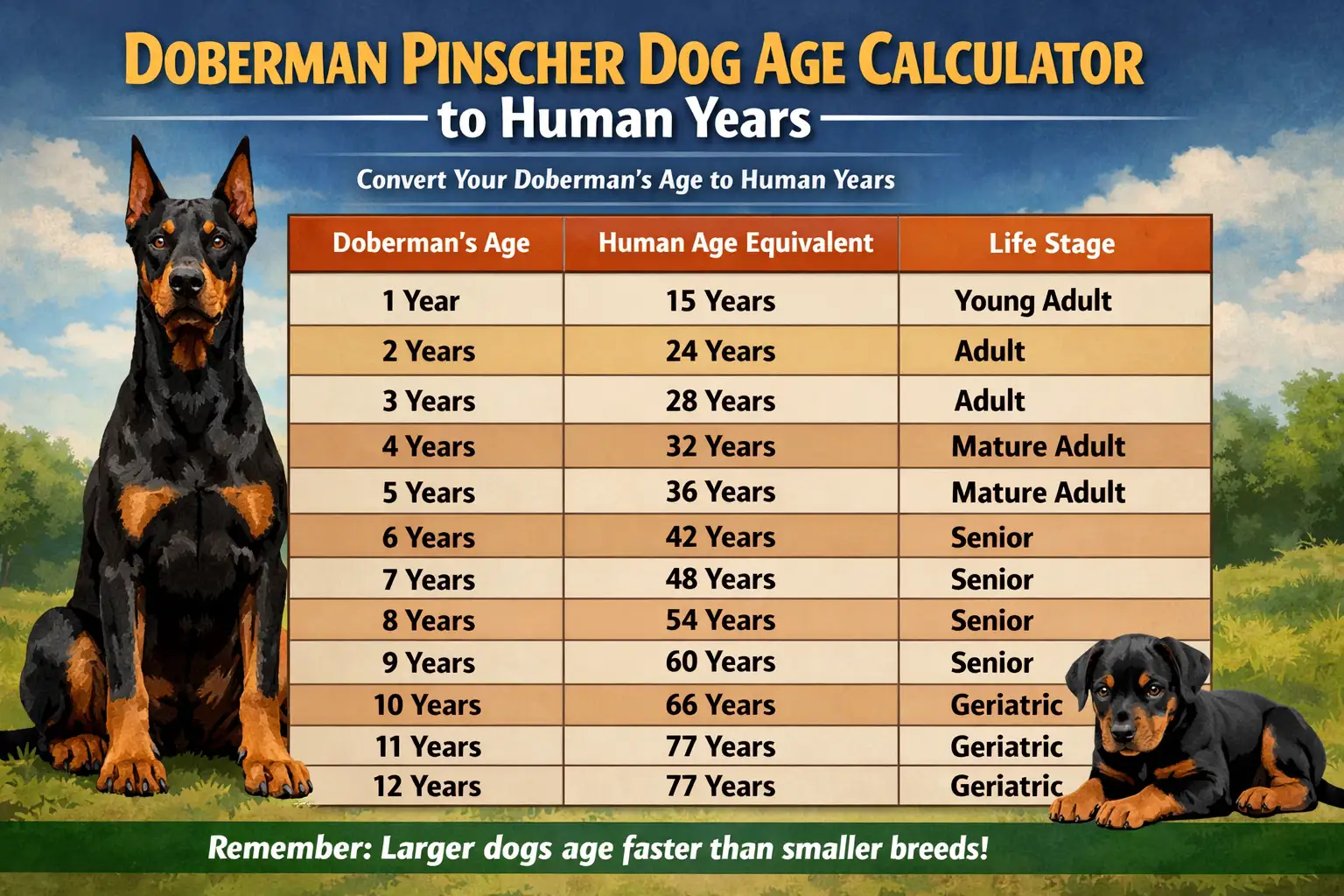 Doberman Pinscher Dog Age to Human Years Calculator & Age Chart