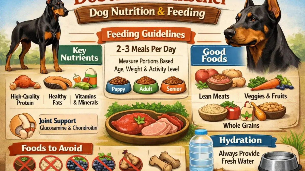 Healthy Doberman Pinscher eating nutritious food