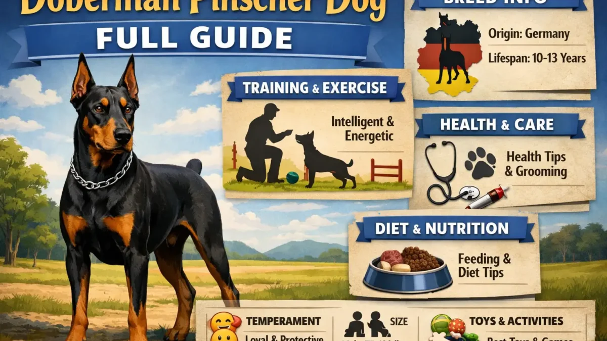 A Doberman Pinscher standing tall, showcasing its muscular build and sleek coat.