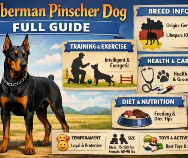 A Doberman Pinscher standing tall, showcasing its muscular build and sleek coat.