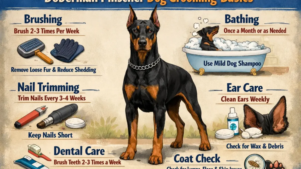 Doberman Pinscher with shiny, well-groomed coat after brushing