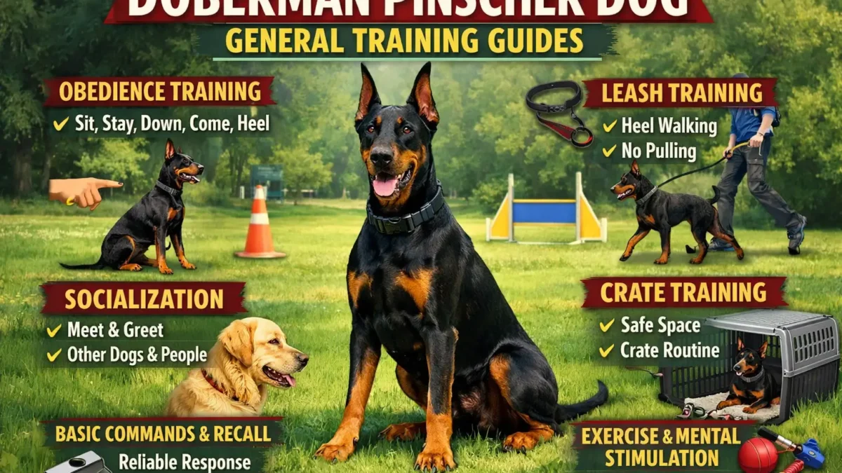 Doberman Pinscher training guide showing a well-behaved dog following basic commands like sit and stay