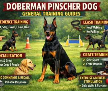 Doberman Pinscher training guide showing a well-behaved dog following basic commands like sit and stay
