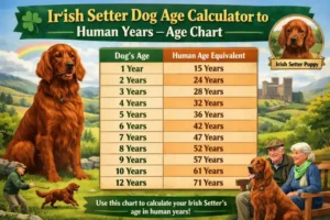Irish Setter puppy next to adult Irish Setter, showing coat length and size differences over time