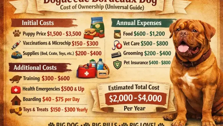 Dogue de Bordeaux dog with owner representing long-term costs such as food, healthcare, and grooming
