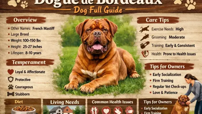 Dogue de Bordeaux dog standing confidently outdoors, displaying its muscular build and wrinkled face