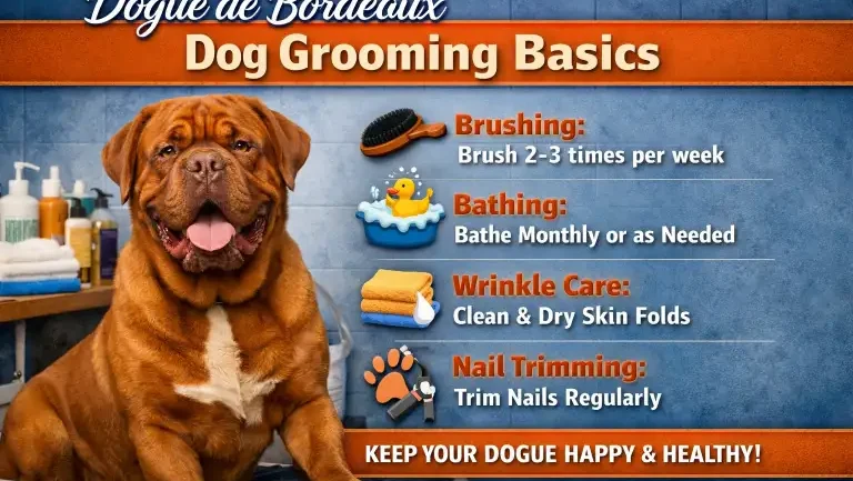 Dogue de Bordeaux dog receiving grooming care focused on coat, wrinkles, and facial folds