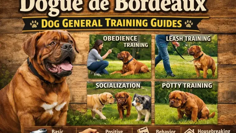 Dogue de Bordeaux dog undergoing basic obedience training with its handler