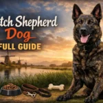 Adult Dutch Shepherd dog with brindle coat standing outdoors, showing lean muscular frame and alert expression