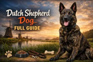 Adult Dutch Shepherd dog with brindle coat standing outdoors, showing lean muscular frame and alert expression