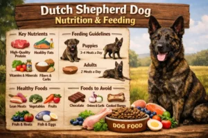 Dutch Shepherd dog eating a balanced meal, supporting energy needs of an active working breed