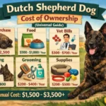 Dutch Shepherd dog with everyday care items, representing training, food, and long-term ownership costs