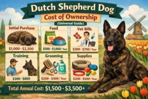 Dutch Shepherd dog with everyday care items, representing training, food, and long-term ownership costs