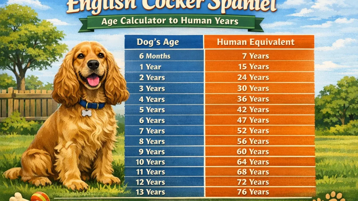 English Cocker Spaniel age calculator showing dog years converted to human years with an age chart