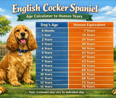 English Cocker Spaniel age calculator showing dog years converted to human years with an age chart