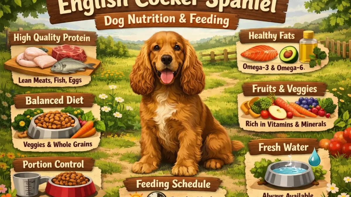 Adult English Cocker Spaniel standing beside a bowl of healthy dog food