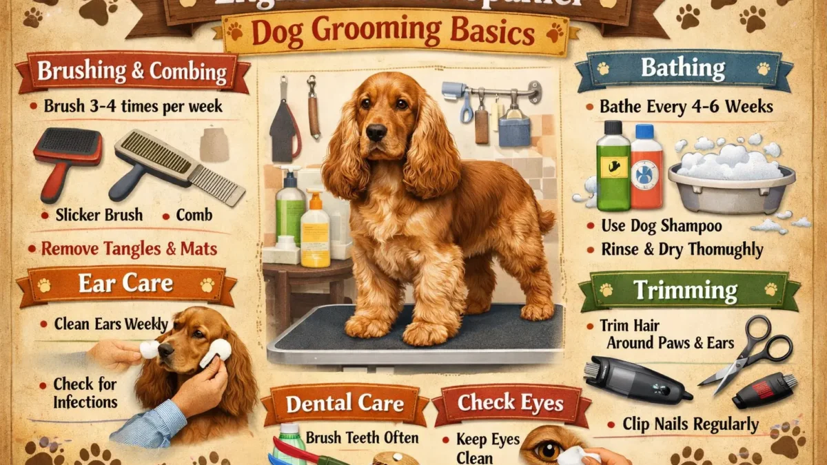 An English Cocker Spaniel with a silky, feathered coat being brushed gently at home