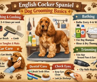 An English Cocker Spaniel with a silky, feathered coat being brushed gently at home