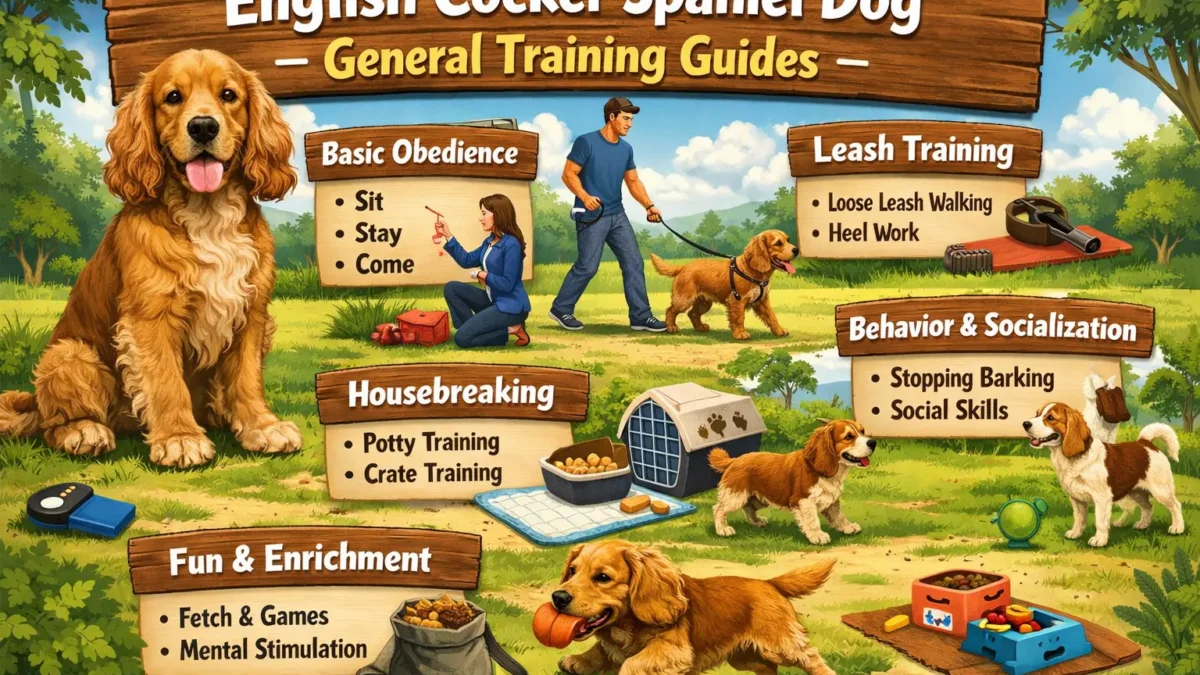 English Cocker Spaniel training with an adult dog calmly practicing obedience outdoors