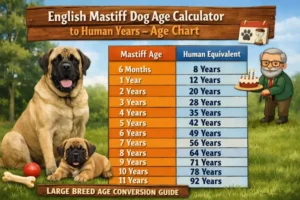 English Mastiff puppy and adult dog shown together to demonstrate growth, size changes, and life stages used in an English Mastiff age-to-human-years chart.