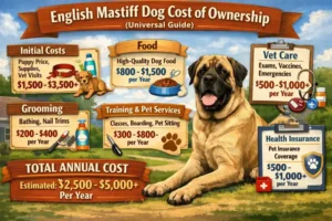 English Mastiff dog resting in a home environment, representing the long-term costs of food, space, veterinary care, and ownership for one of the largest dog breeds.
