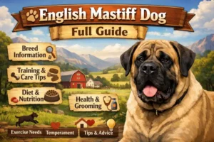 Massive English Mastiff dog with a broad body and wrinkled face resting calmly outdoors, showing the breed’s gentle temperament and typical fawn coat.