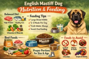 Large English Mastiff dog eating from a bowl, illustrating appropriate feeding portions, calm eating behavior, and nutrition for a giant-breed dog.