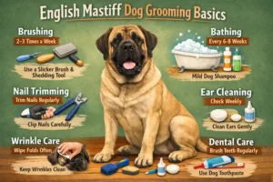 Short-haired English Mastiff dog being brushed, showing the breed’s thick skin, loose facial wrinkles, and basic grooming needs.