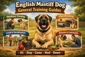 English Mastiff dog calmly practicing basic training, highlighting the breed’s slow-maturing nature, large size, and patient disposition.