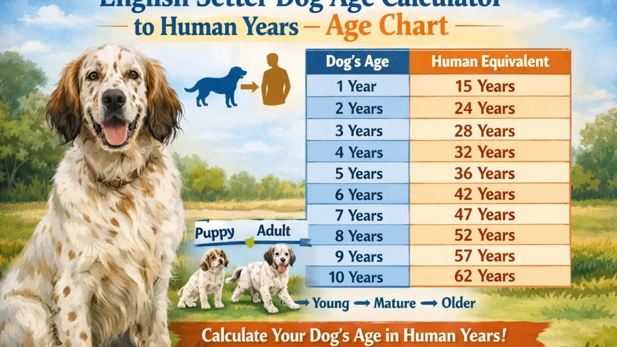 English Setter dog sitting outdoors, illustrating age stages from puppy to senior
