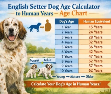 English Setter dog sitting outdoors, illustrating age stages from puppy to senior