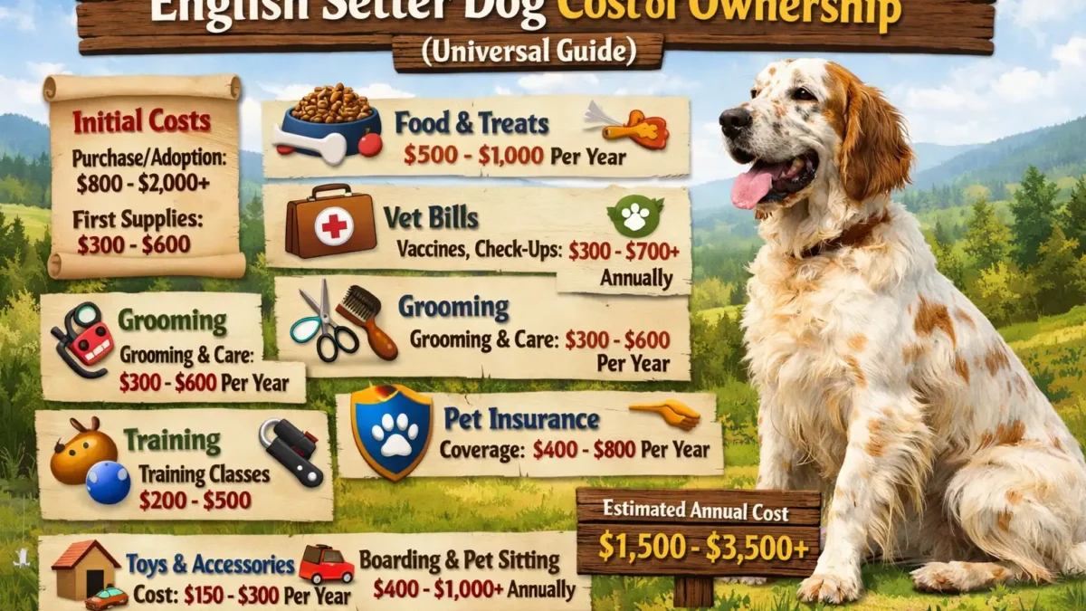 Adult English Setter standing in a yard showing size, coat, and posture for cost and care reference